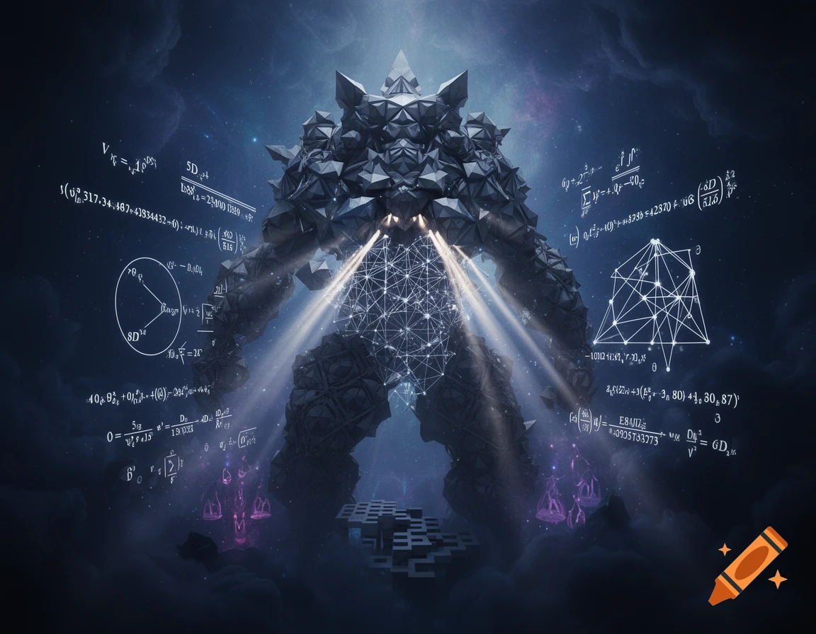 A colossal, dark, geometric entity composed of fractals and polygonal shapes, floating in a dark, cloudy cosmic void. Glowing mathematical formulas and light beams emanate from and surround it.