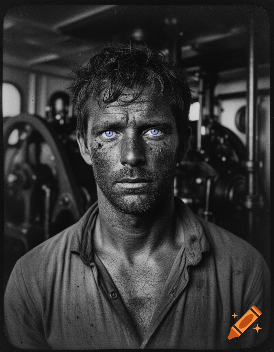 Black and white portrait of a dirty, tired Irish maritime stoker with intense blue eyes, in a dark engine room.