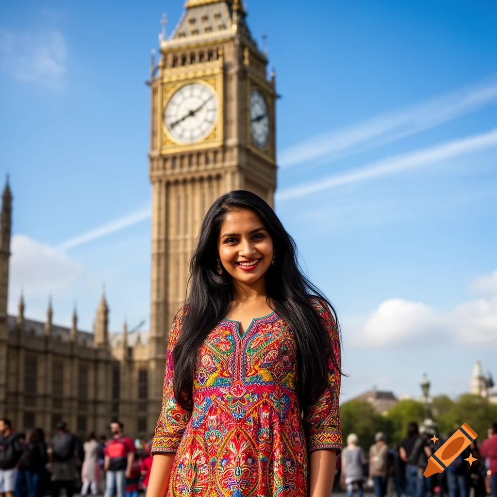 A smiling Indian woman in a colorful patterned dress poses in front of Big Ben on a sunny day.