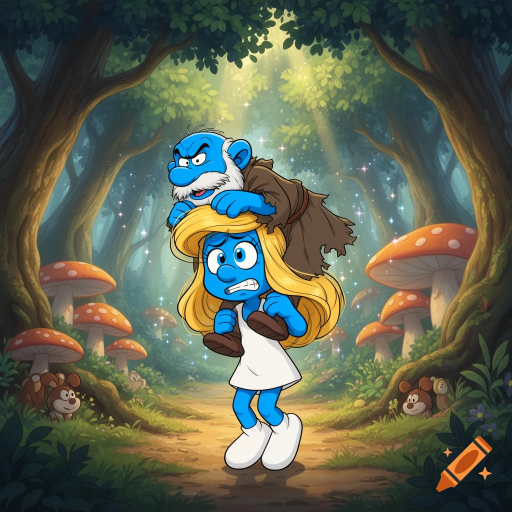 Smurfette struggles to carry a grumpy Gargamel on her shoulders through a magical forest with glowing particles and large mushrooms, in a vibrant anime style.
