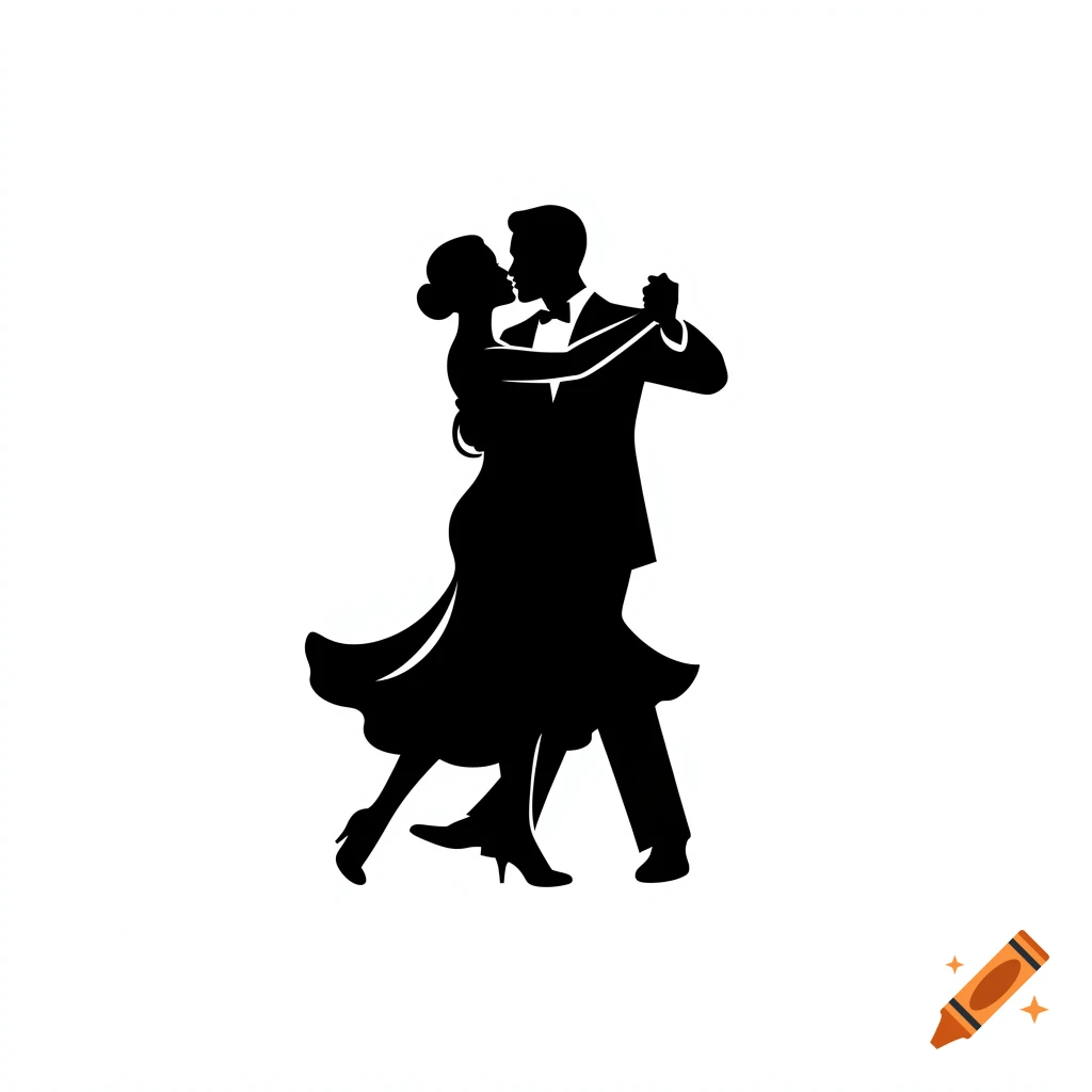 Black silhouette of a man and woman salsa dancing and kissing against a white background.