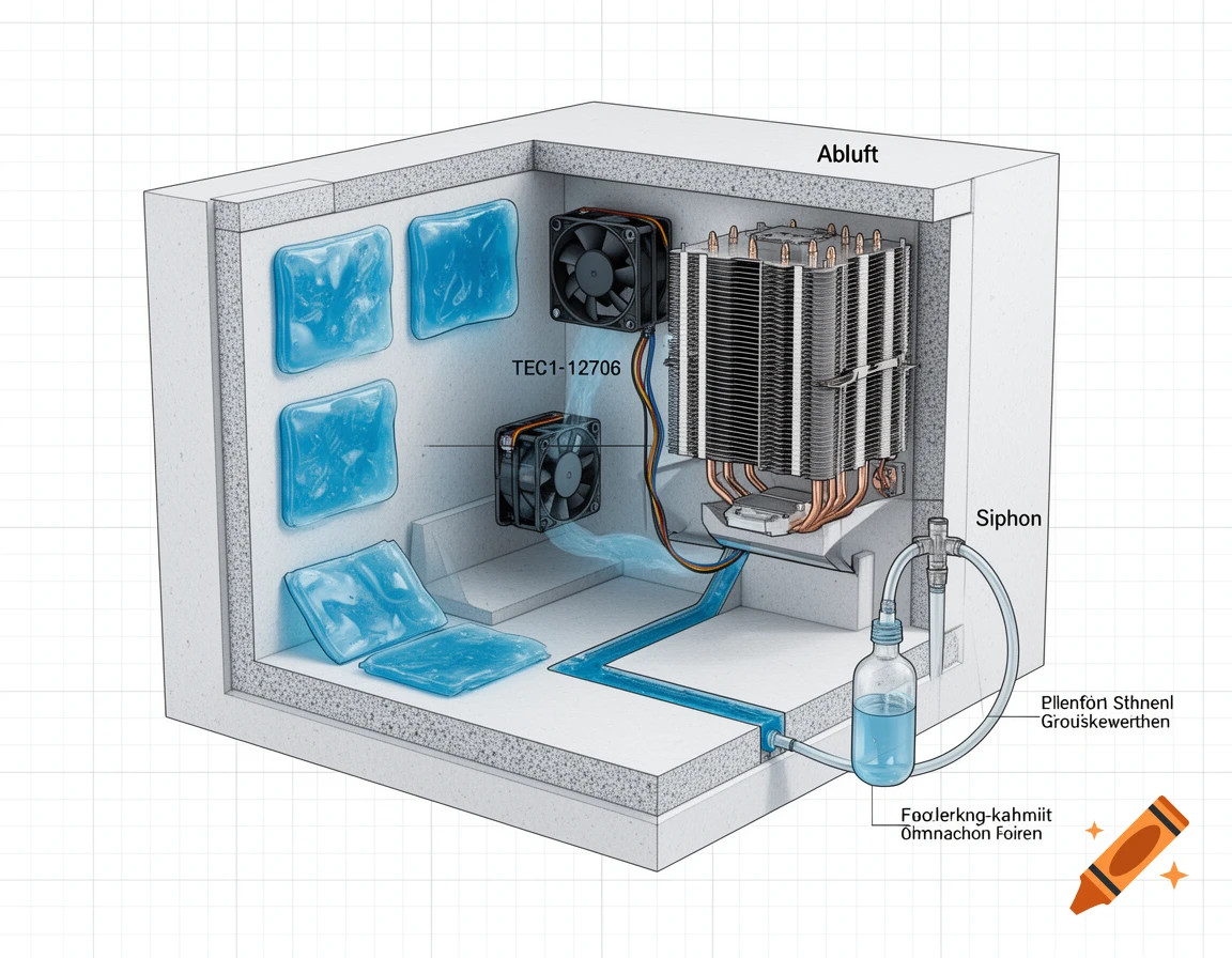 Technical cutaway drawing of a DIY mini fridge with cooling gel packs, fans, CPU cooler, and a drainage siphon system.
