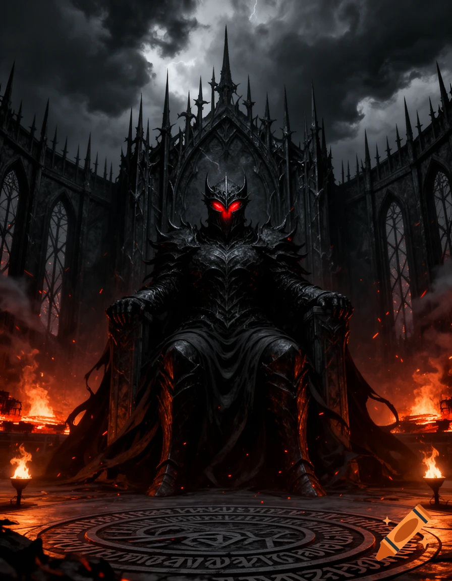 A dark lord in black gothic armor with glowing red eyes sits on a spiky throne within a fiery gothic cathedral under a stormy sky.