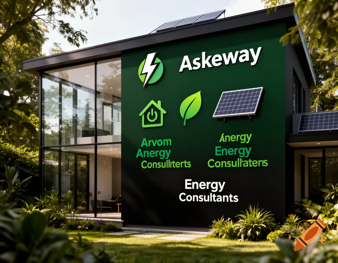 A modern, energy-efficient house with large windows and solar panels on the roof, featuring a dark green wall with energy-related logos and text related to energy consulting.