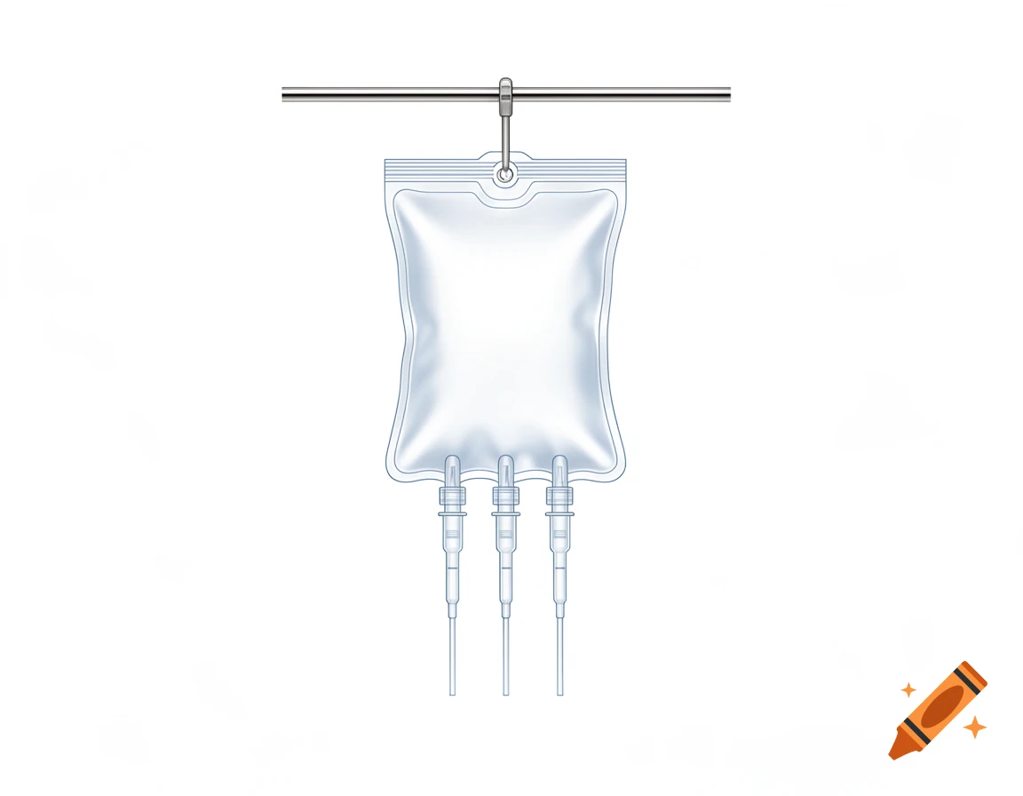 Schematic illustration of a clear IV bag with three tubes hanging from a metal rod.