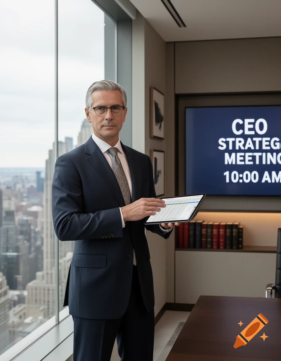 A distinguished businessman in a suit holds a tablet in a modern office with a city view, a large screen behind him displays "CEO STRATEGIC MEETING 10:00 AM".