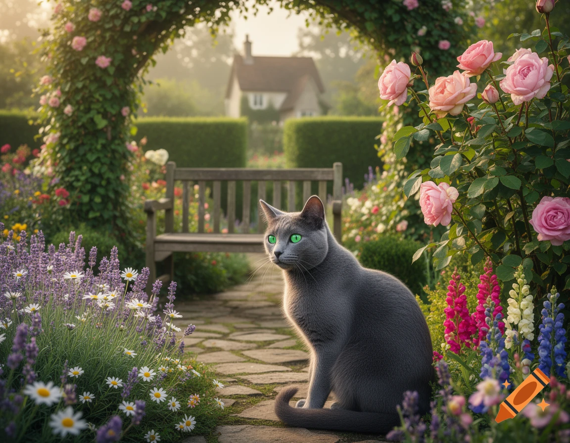 A grey cat with striking green eyes sits on a stone path in a vibrant English garden, surrounded by various colorful flowers under a rose archway.