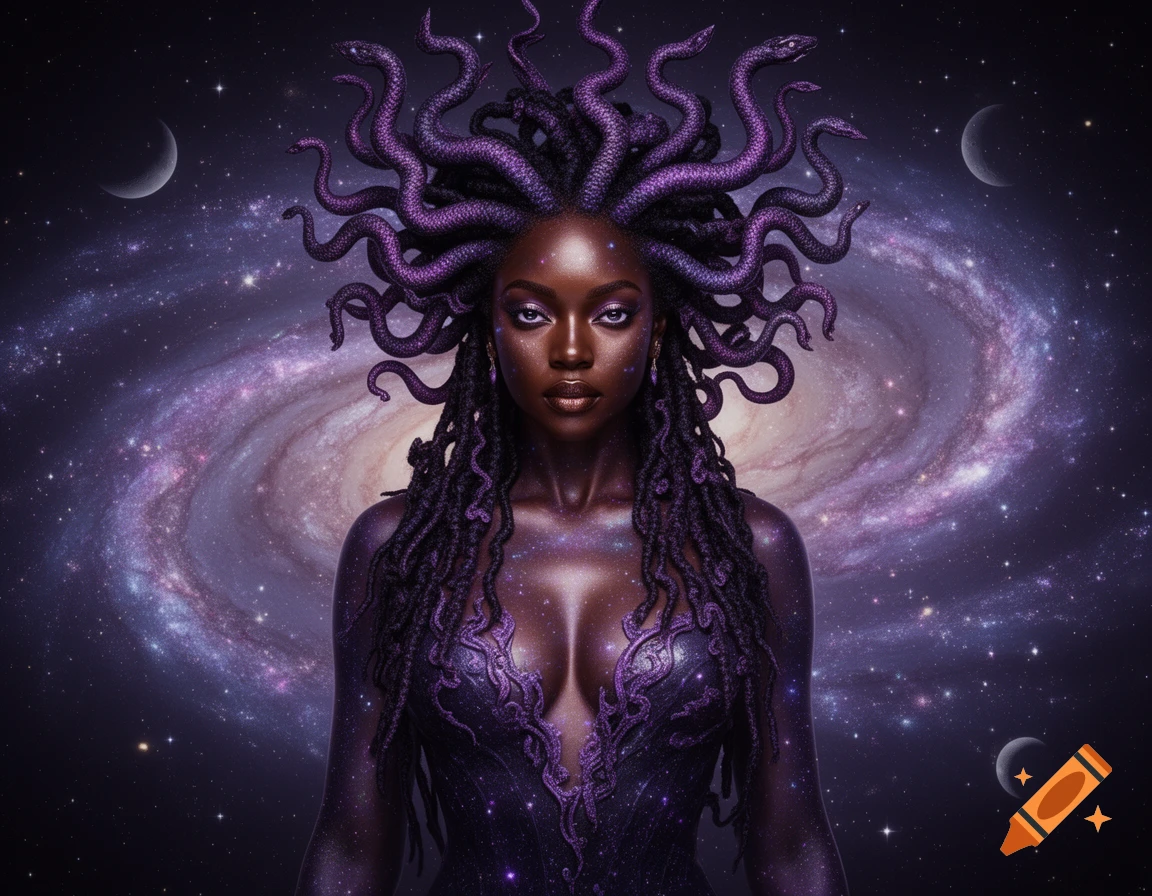 A dark-skinned woman with purple dreadlocks and snakes in her hair, wearing a cosmic gown against a galaxy background with crescent moons.