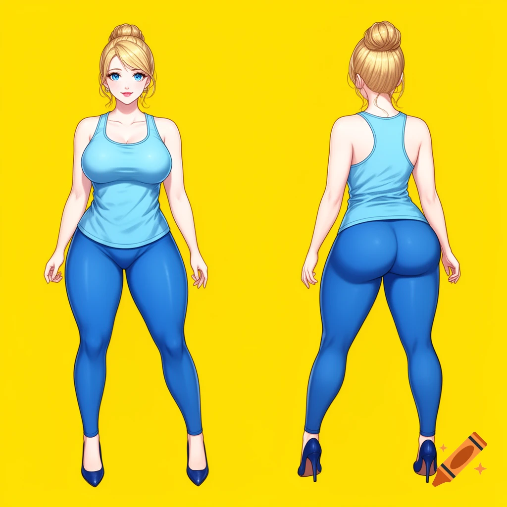 Anime woman with blonde hair, wearing a light blue sports vest, blue leggings, and heels, depicted in front and back views on a yellow background.