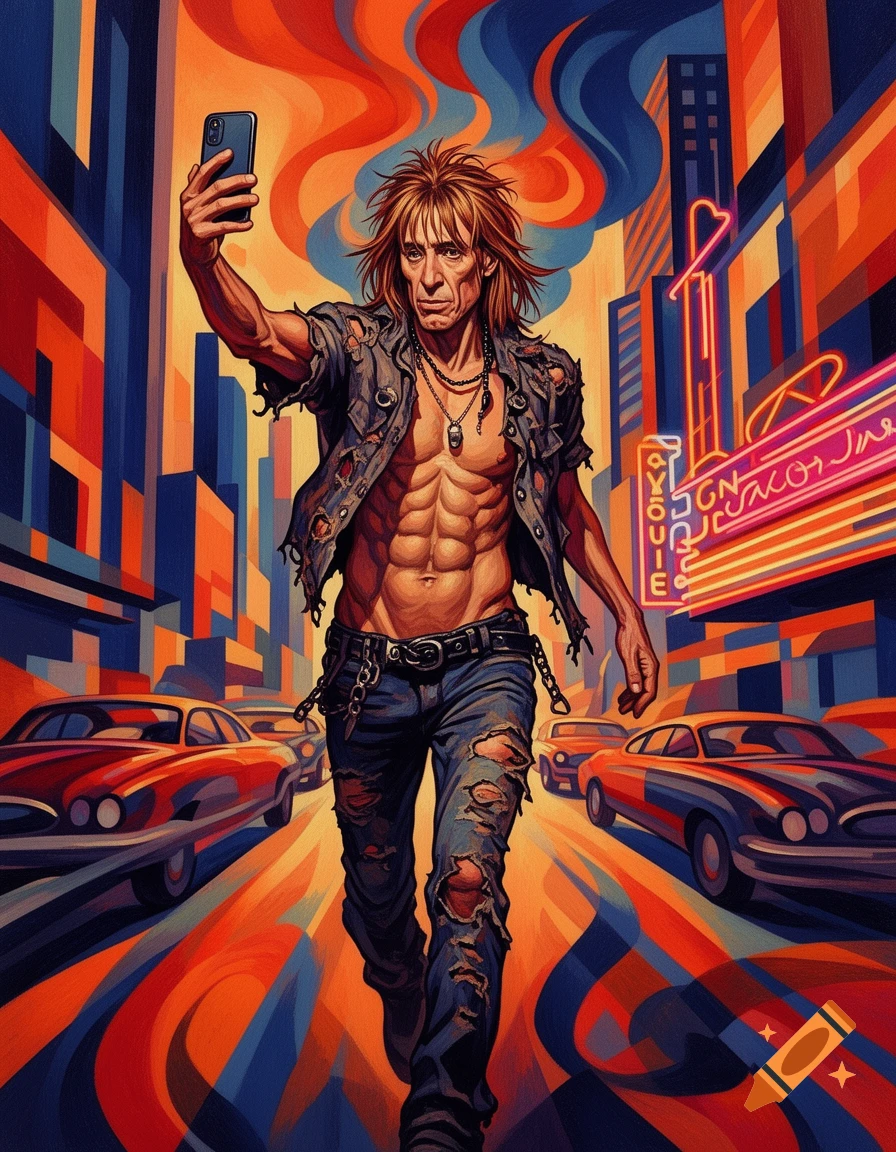 A stylized painting of an Iggy Pop-like man with abs, ripped jeans, and a tattered jacket, taking a selfie on a vibrant, colorful city street with cars and neon signs.