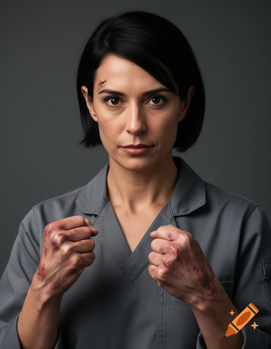A woman with short dark hair, a scar on her forehead, and scrapes on her fists stands ready to fight in a grey uniform.