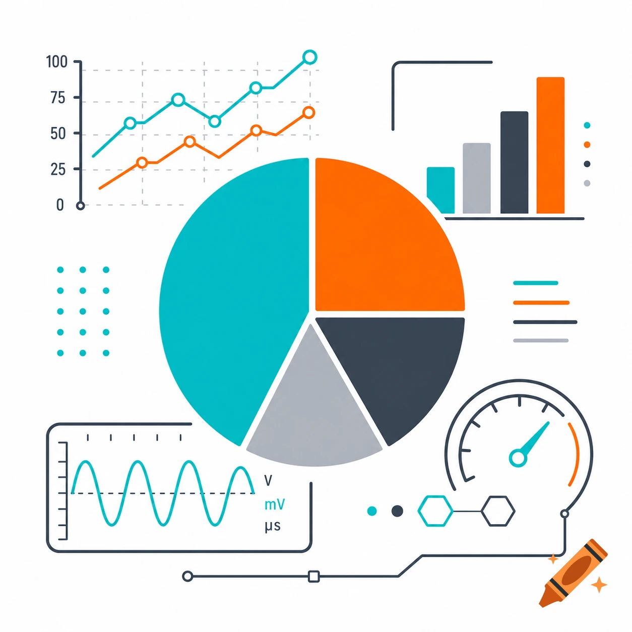 A colorful infographic displaying various data visualizations including a line graph, pie chart, bar graph, waveform, and dial gauge.