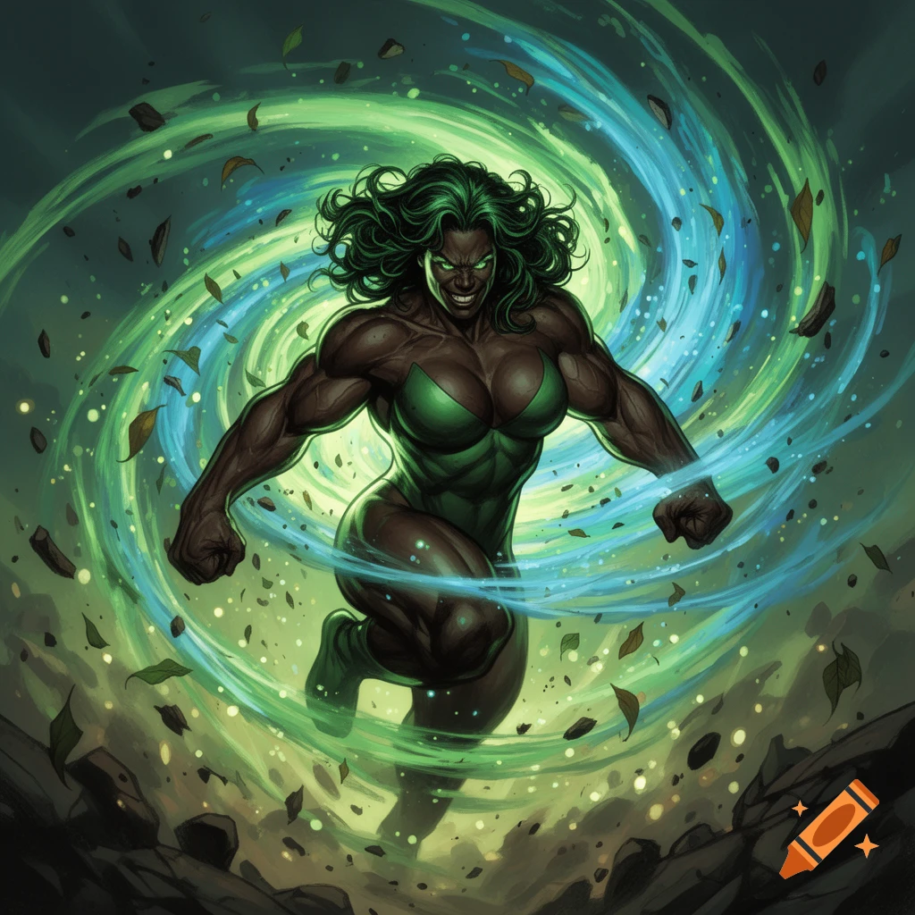 A muscular black female superhero with green hair and a green costume spins in a swirling vortex of green and blue energy with debris in a dynamic comic book style.