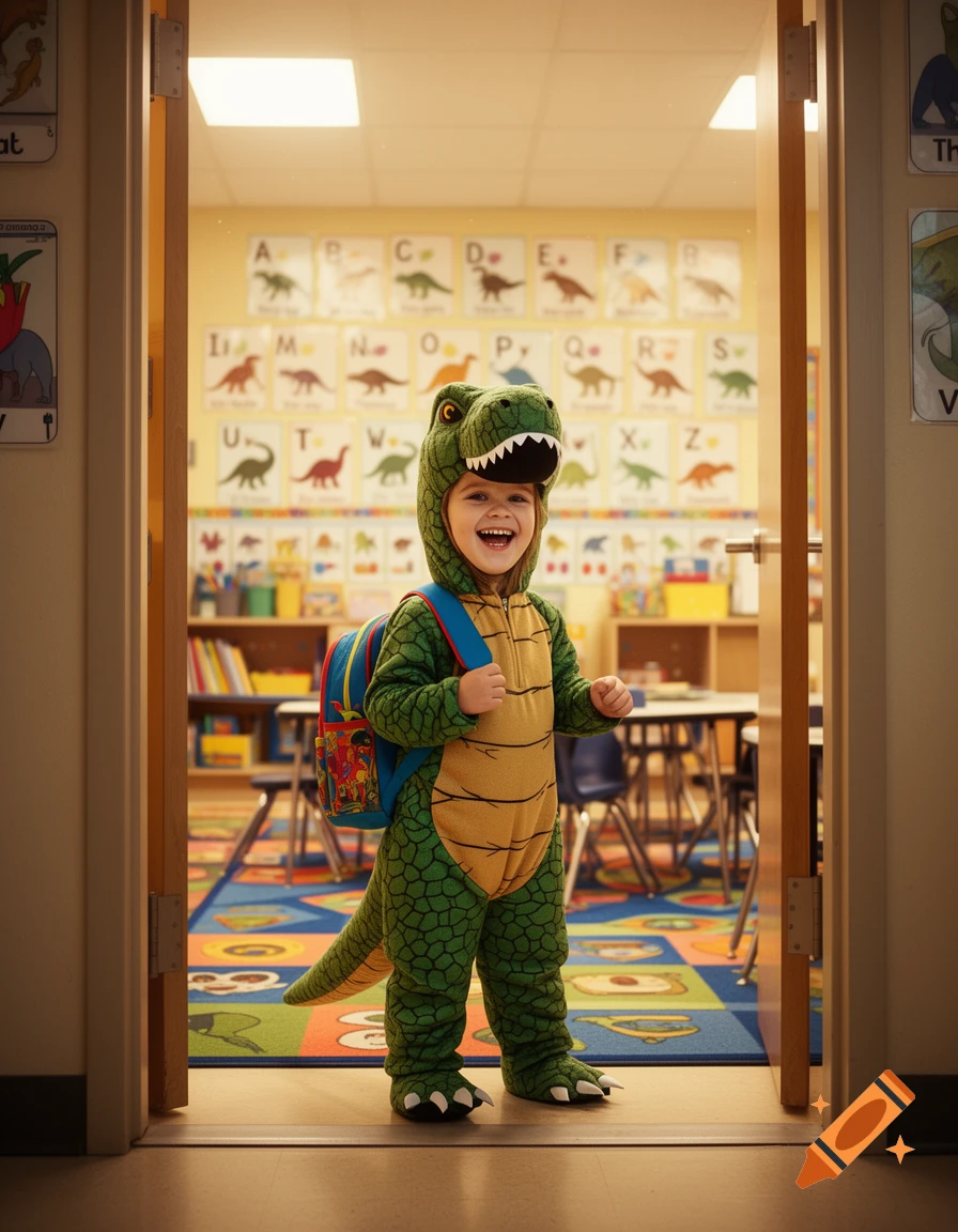 A cheerful child in a green T-Rex costume and backpack smiles while standing in a brightly lit classroom doorway with alphabet posters.