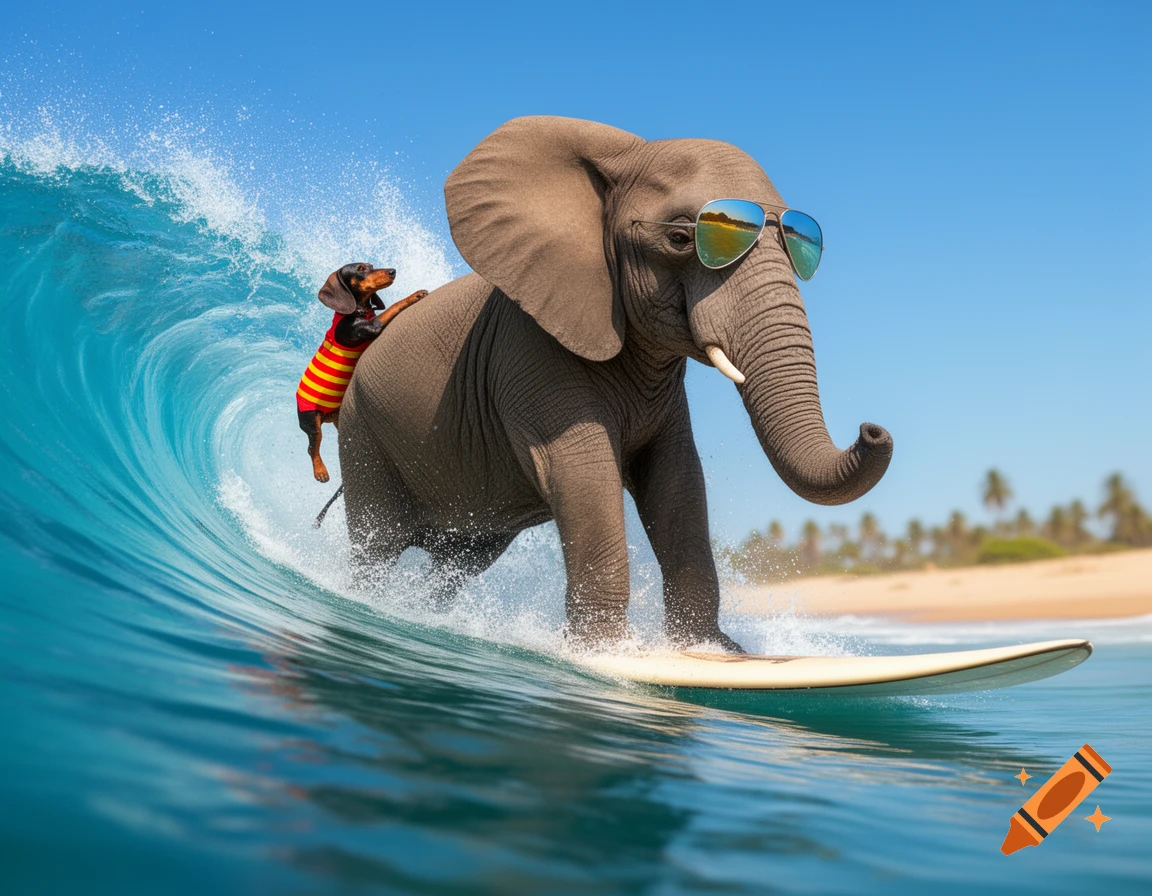 A sunglasses-wearing elephant surfs a blue wave with a dachshund in a red and yellow striped swimsuit on its back, a sunny beach visible in the background.