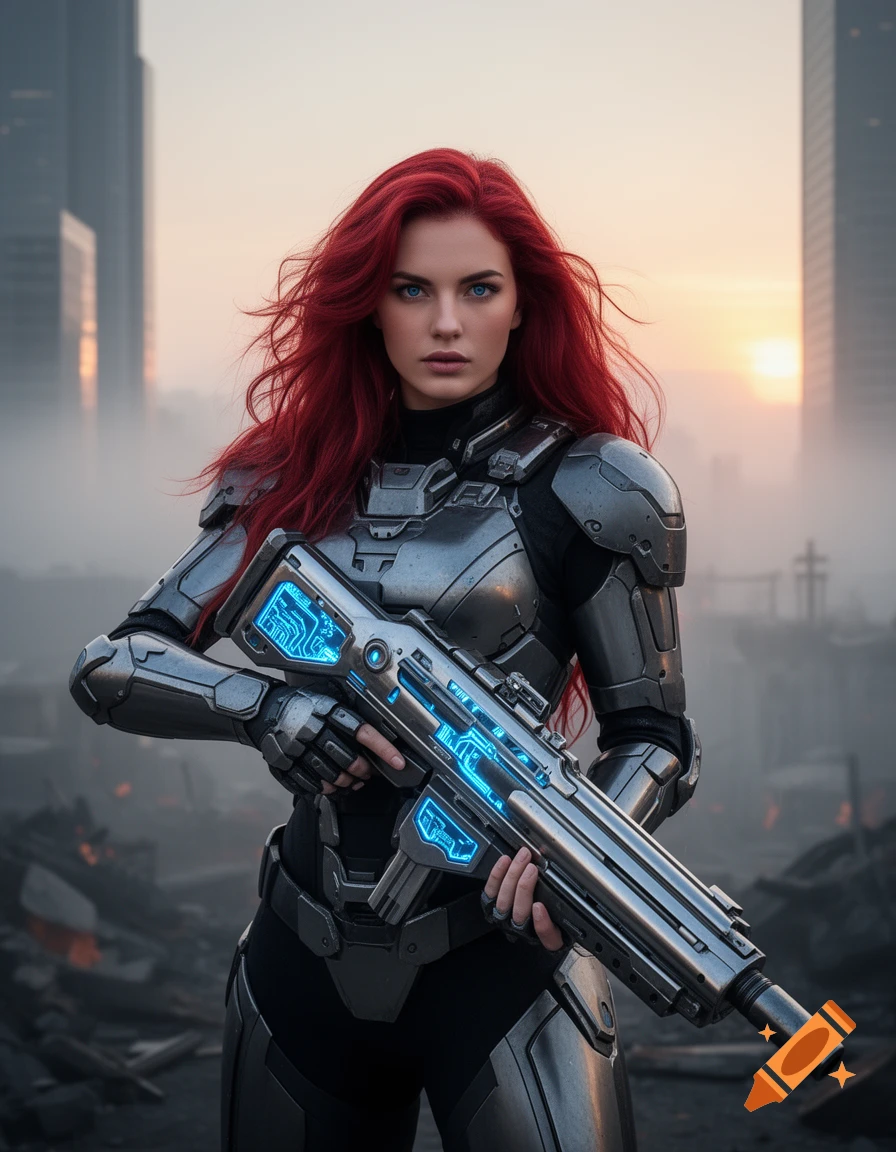 Red-haired female warrior in futuristic armor with a glowing rifle, standing in a ruined cityscape at sunset.