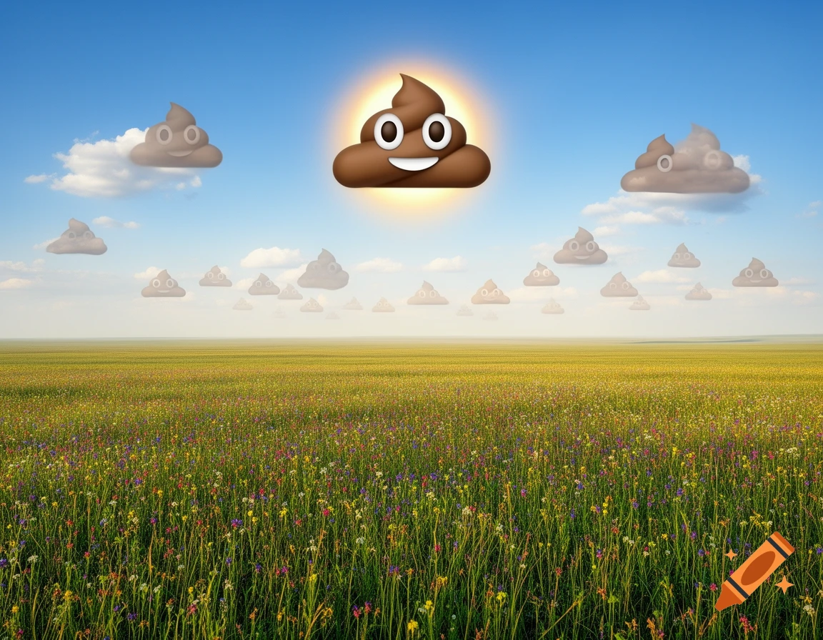 A whimsical landscape featuring a vibrant meadow under a blue sky, with a smiling poop emoji as the sun and smaller poop emojis as clouds.