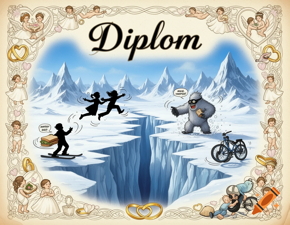 An illustrated diploma certificate with a decorative border of angels and wedding motifs. The central image shows people performing challenges in a snowy mountain landscape, including jumping over a crevasse, a yeti, and a person skiing with a sandwich.