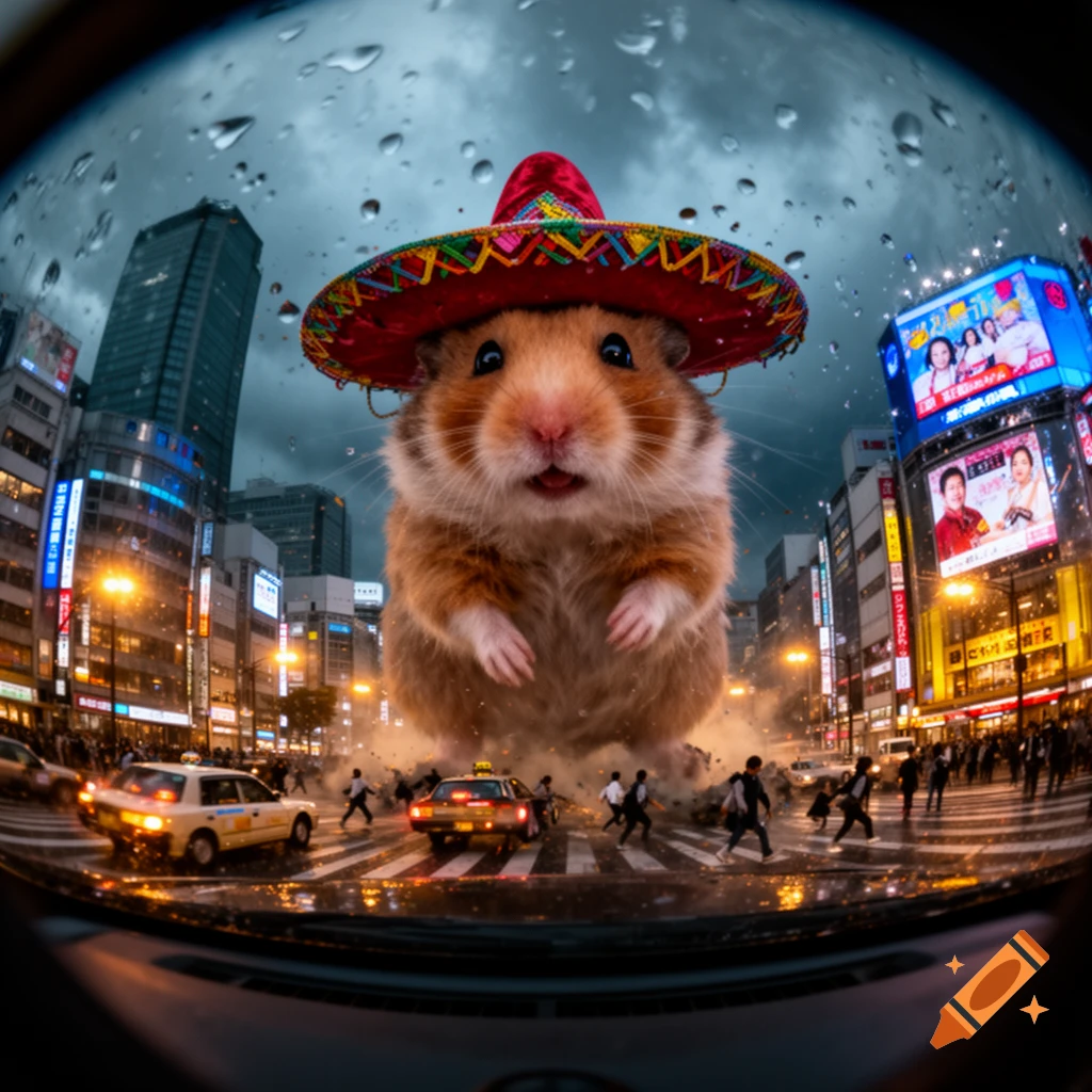 Dashcam view of a giant hamster wearing a sombrero in a bustling Tokyo street with people running and cars, captured with a fisheye lens on a rainy day.