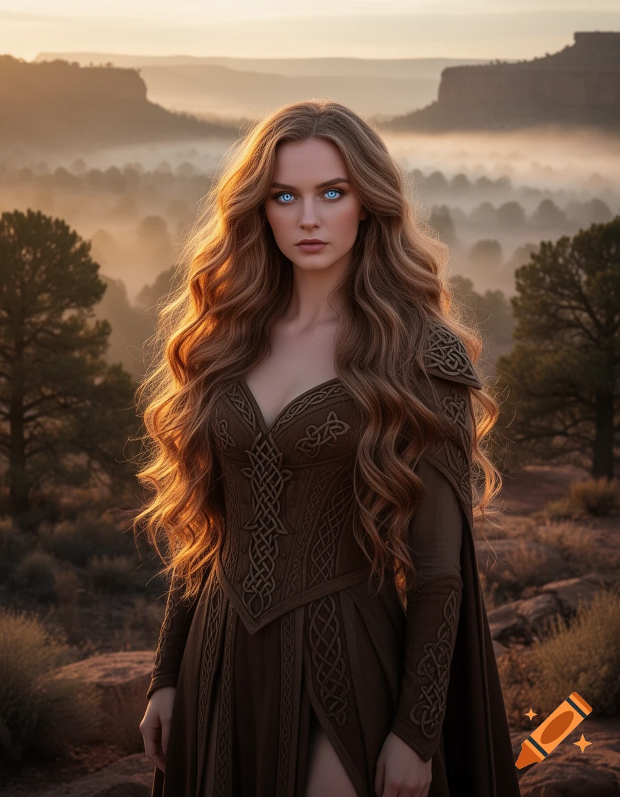 Photorealistic portrait of a woman with long wavy brown hair, striking blue eyes, and a Celtic-inspired brown dress, standing in a misty desert at sunset.