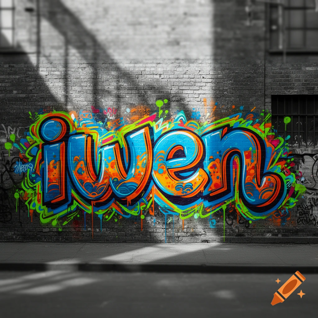 Vibrant blue and orange 'iwen' graffiti in bubble font on a brick wall, with a blurred black and white urban background.