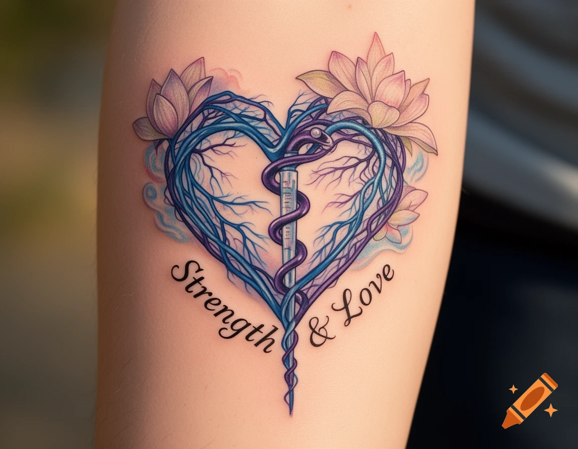A colorful tattoo on an arm, featuring a heart made of blue veins, a purple caduceus, pink lotus flowers, and the words 'Strength & Love'.