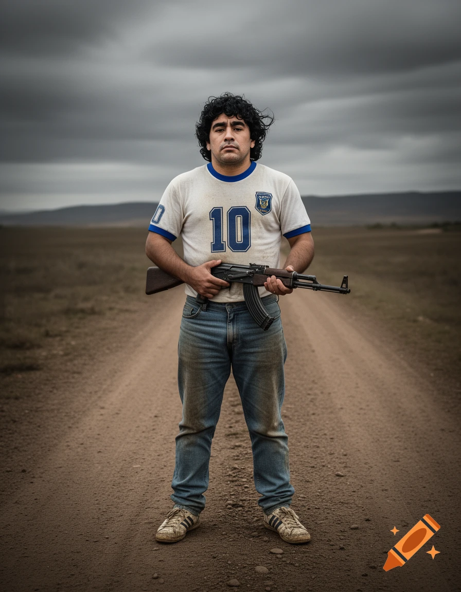 A man resembling Maradona, with curly dark hair and wearing a white number 10 soccer jersey and jeans, stands holding an AK47 rifle on a dirt road under a cloudy sky.