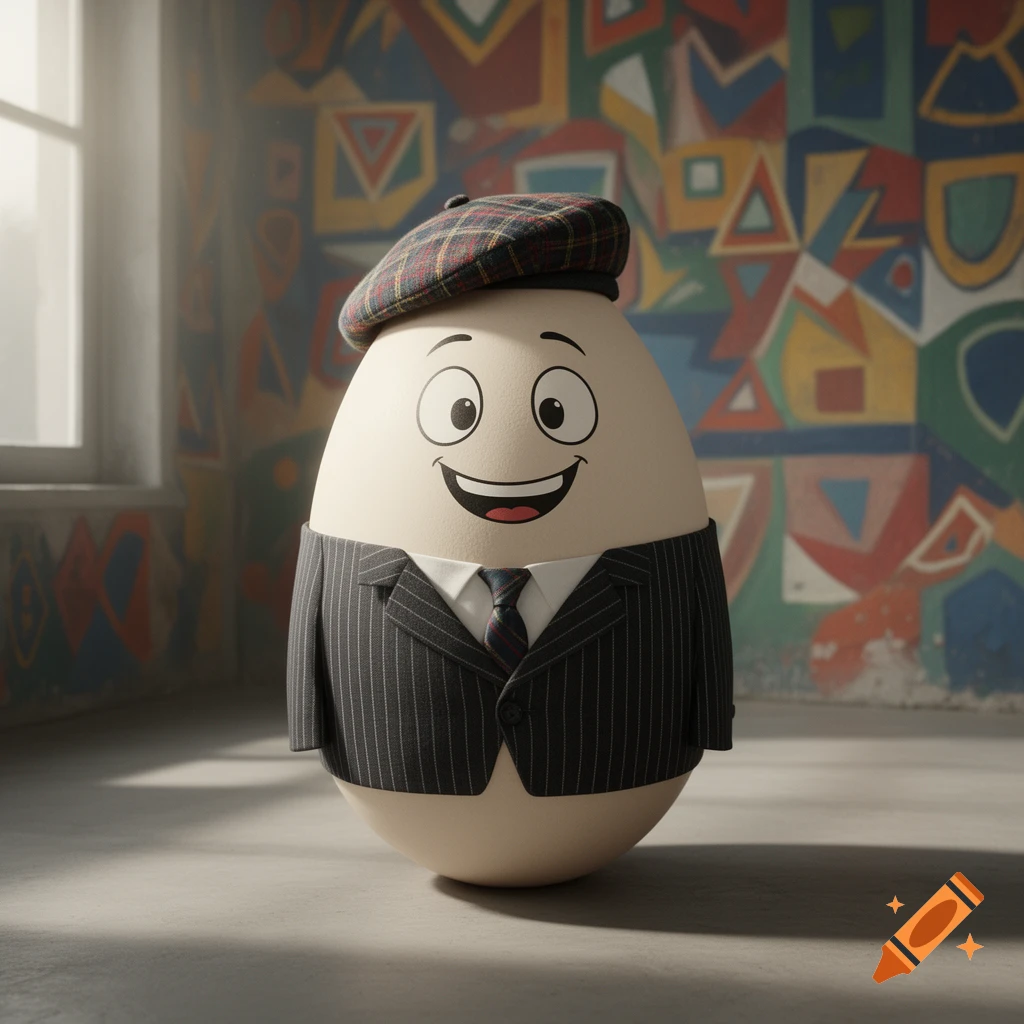 A cartoon egg character with a happy face, wearing a pinstripe suit and a plaid beret, stands in a room with a colorful abstract wall mural.