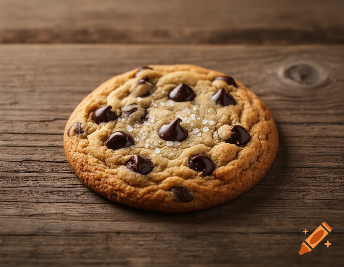 A photorealistic chocolate chip cookie with sea salt flakes rests on a rustic wooden surface.