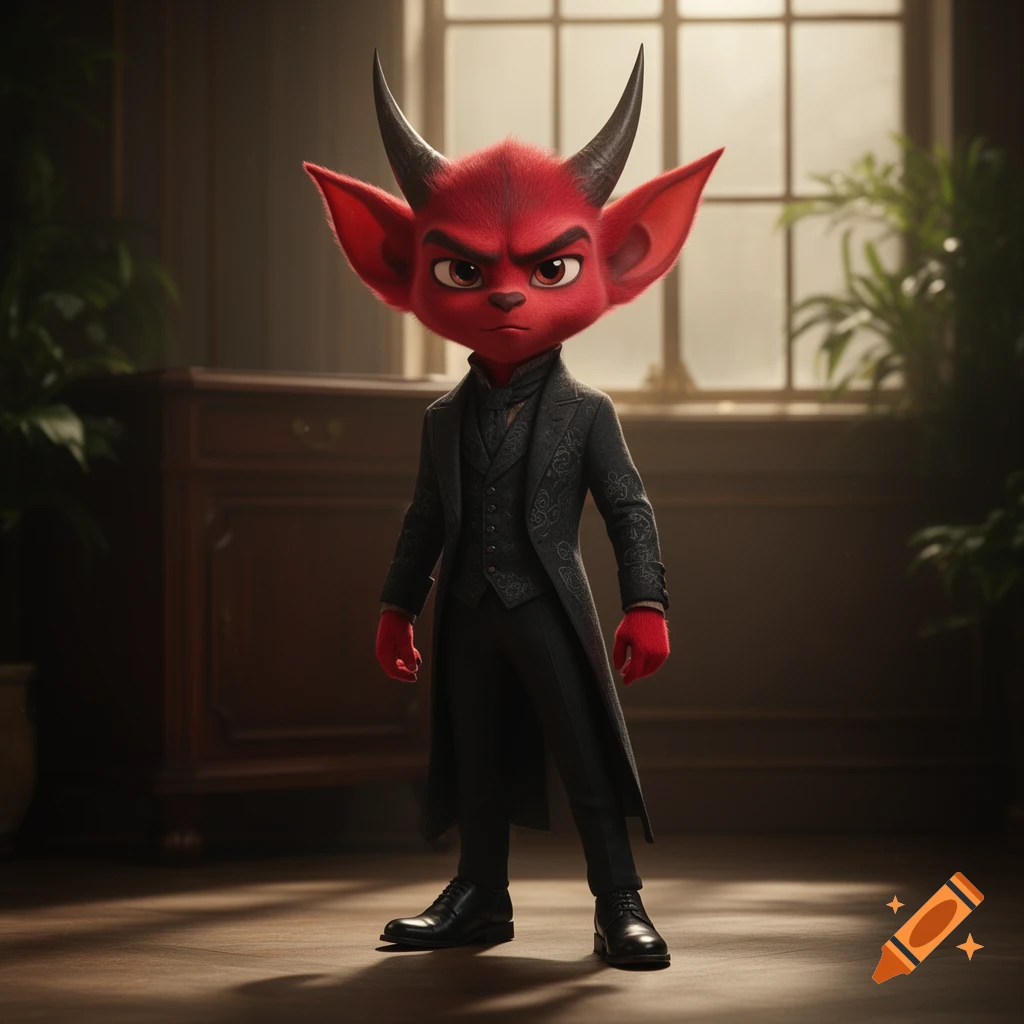 A cute, angry red devil character with horns and large ears, wearing a black pinstripe suit, stands in a dimly lit room with a window.