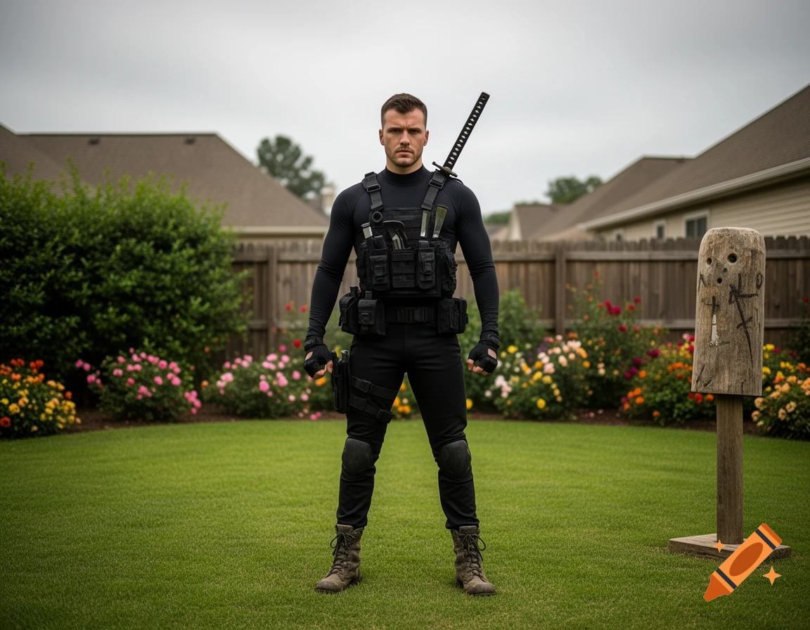 A man in black tactical gear with a katana on his back stands in a green backyard with flowers and a wooden training post.