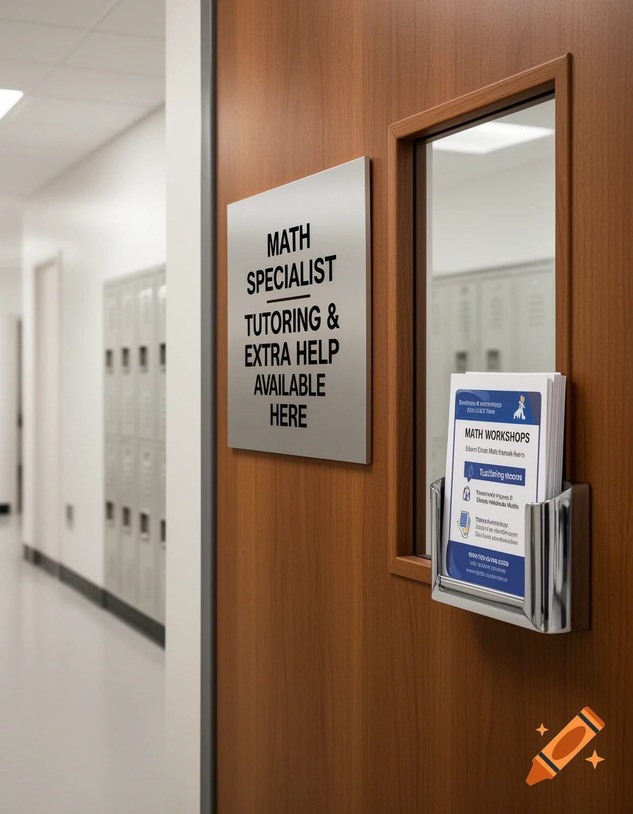 A hallway scene showing a brown wooden door with a silver sign that reads "MATH SPECIALIST TUTORING & EXTRA HELP AVAILABLE HERE" and a dispenser with flyers.
