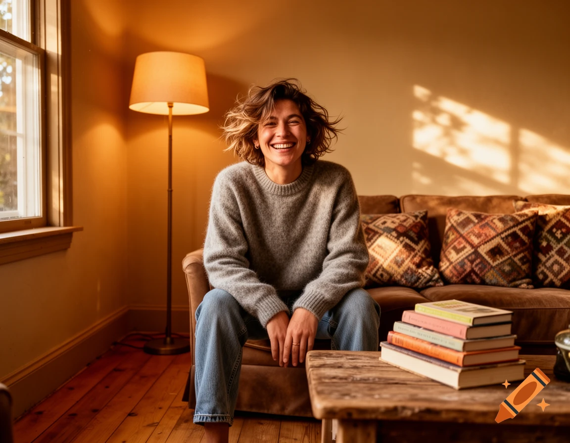 A smiling young woman with messy hair sits in a cozy, warmly lit living room, with books stacked on a wooden table.