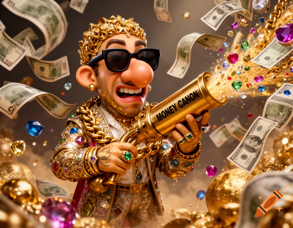 A gold-adorned cartoon character with an exaggerated face and sunglasses fires a golden "MONEY CANON" spewing cash and jewels in a surreal, detailed style.