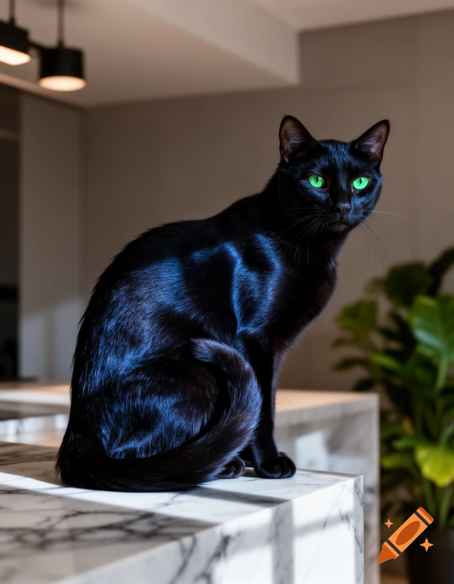 A sleek black cat with vivid green eyes sits gracefully on a white marble counter, bathed in sunlight.