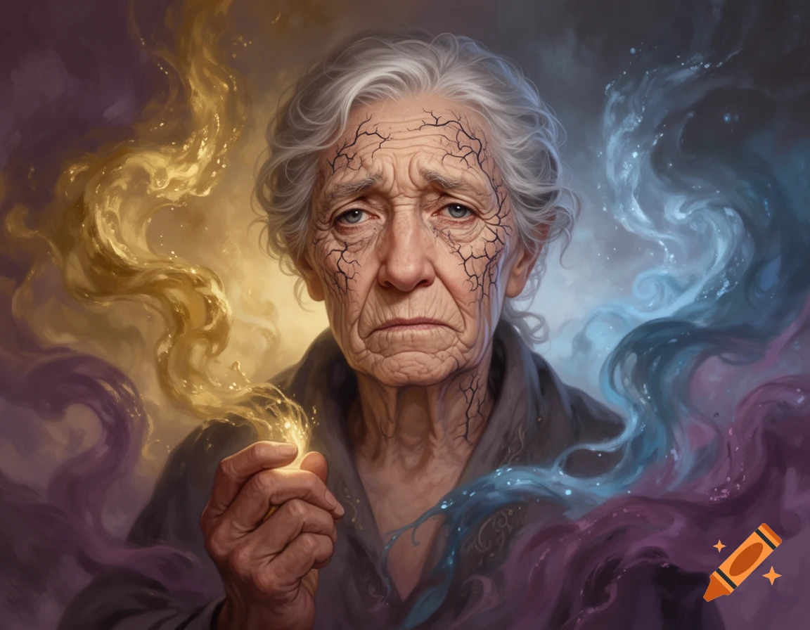 A fantasy digital painting of a sad elderly woman with cracked skin, surrounded by swirling golden and blue magical energy.