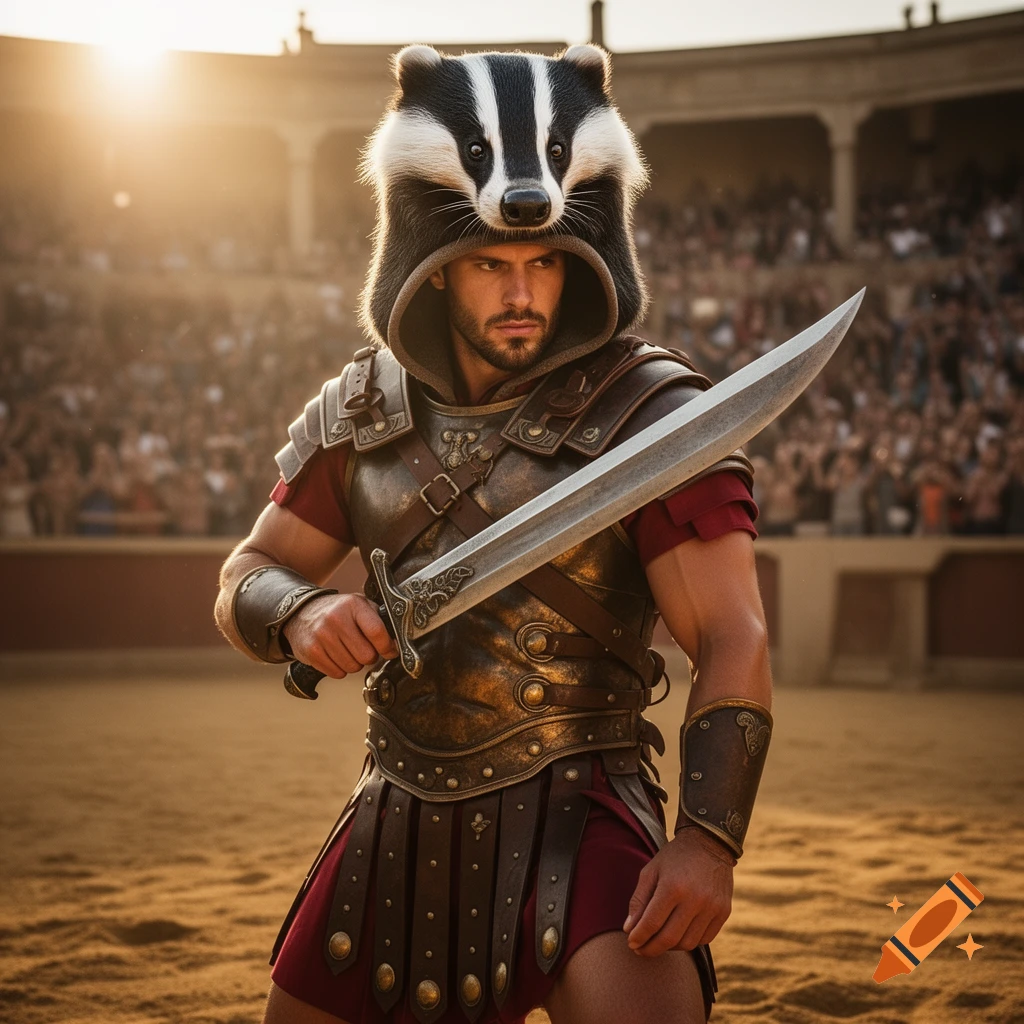 A muscular gladiator wearing a badger head hood holds a sword in a sunlit ancient arena.
