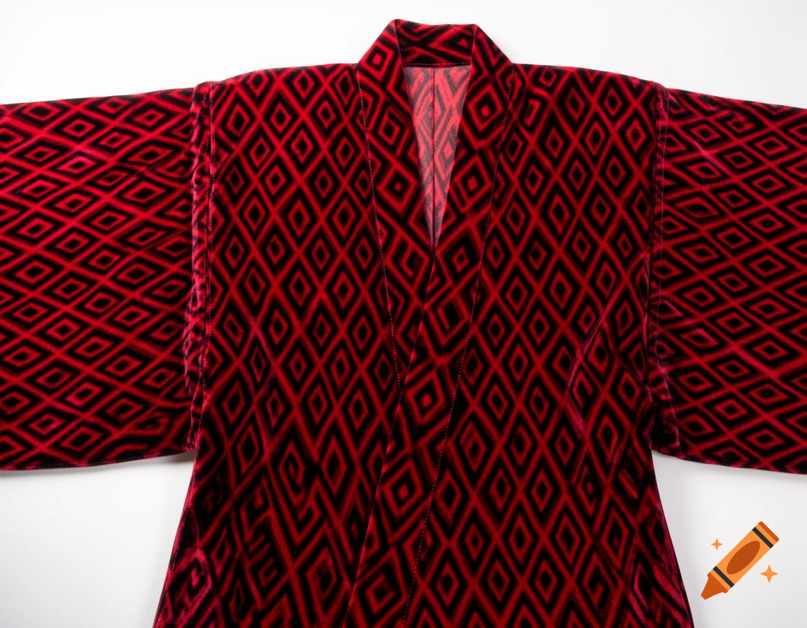 A red and black diamond pattern haori jacket laid flat.