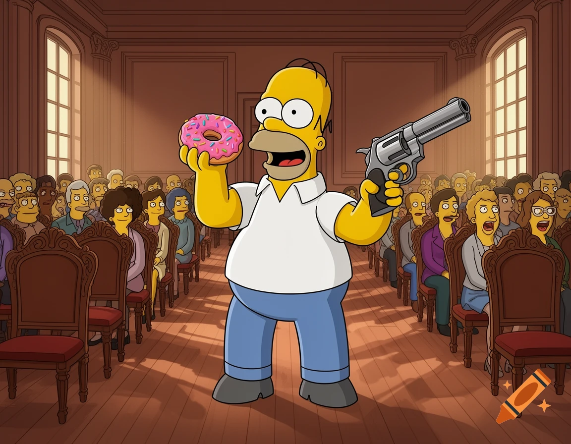 Cartoon Homer Simpson holds a donut and a silver revolver while standing in a hall with an audience.