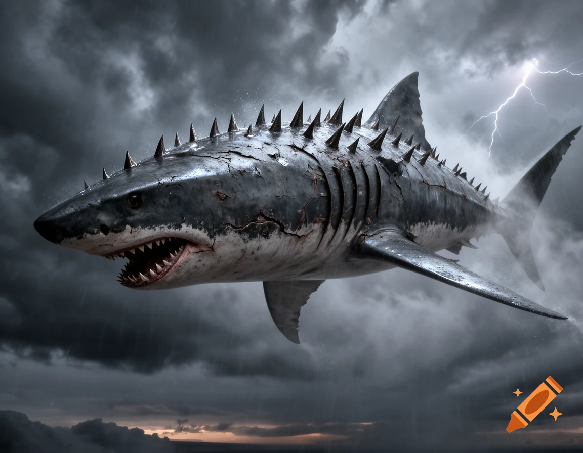 A massive, dark, spiky shark with cracked skin flies through a dramatic stormy sky with lightning.