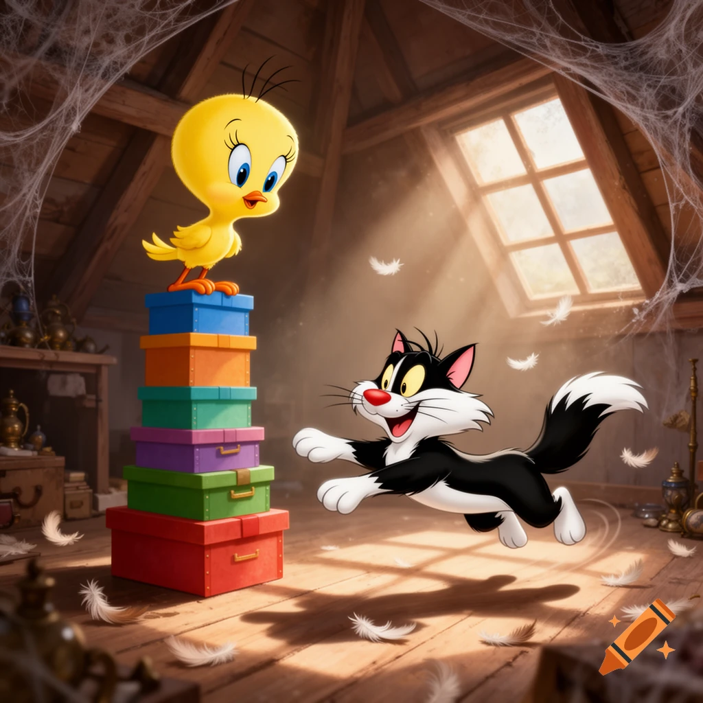 Tweety Bird stands on a stack of colorful boxes in an attic, looking at Sylvester the Cat, who is playfully leaping towards him amidst falling feathers.