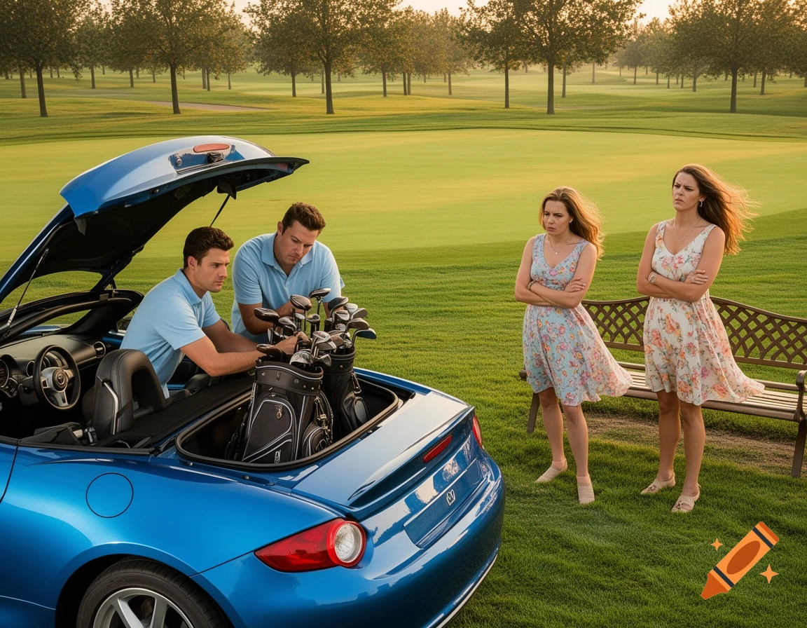 Two men load golf clubs into a blue convertible on a golf course while two women stand by, looking displeased. The image has an artificial, not realistic style.