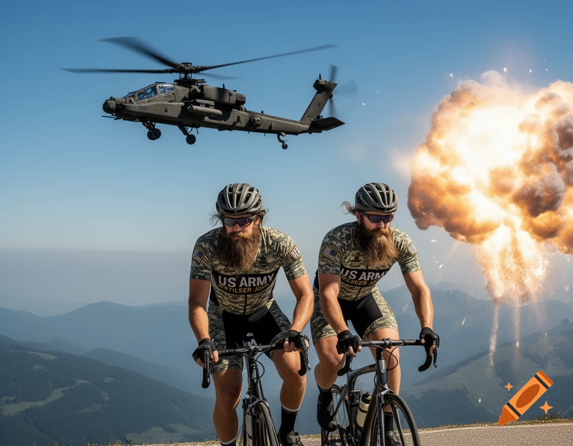 Two bearded men in US Army cycling jerseys ride bikes on a mountain road with a military helicopter flying overhead and an explosion in the background.