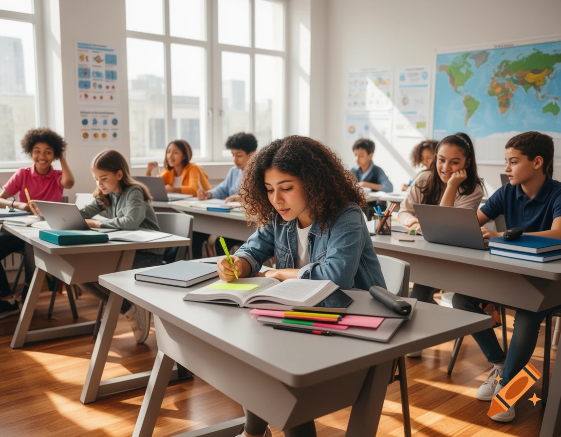 Diverse students focused on learning at desks in a bright classroom with a world map.