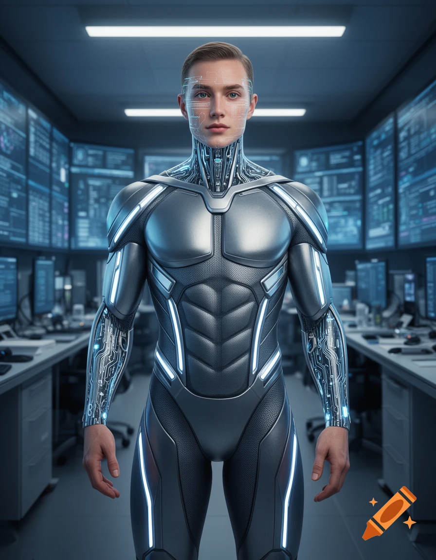 A photorealistic male human android in a metallic, glowing suit stands in a futuristic control room with multiple data screens.
