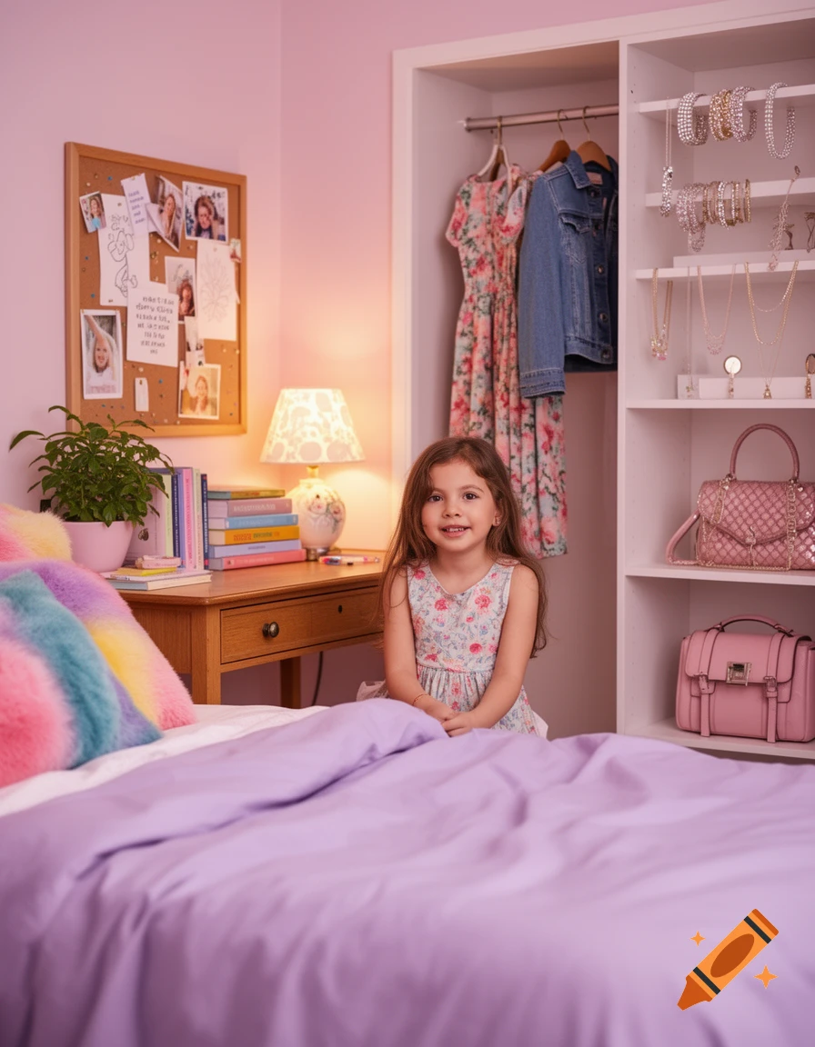 A smiling young girl sits on a bed with purple sheets in a pink bedroom, with a closet, desk, and corkboard visible.