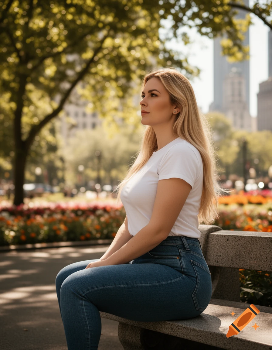A young blonde woman in a white t-shirt and jeans sits on a park bench, looking to her left. The background is a sunny park with trees and city buildings.