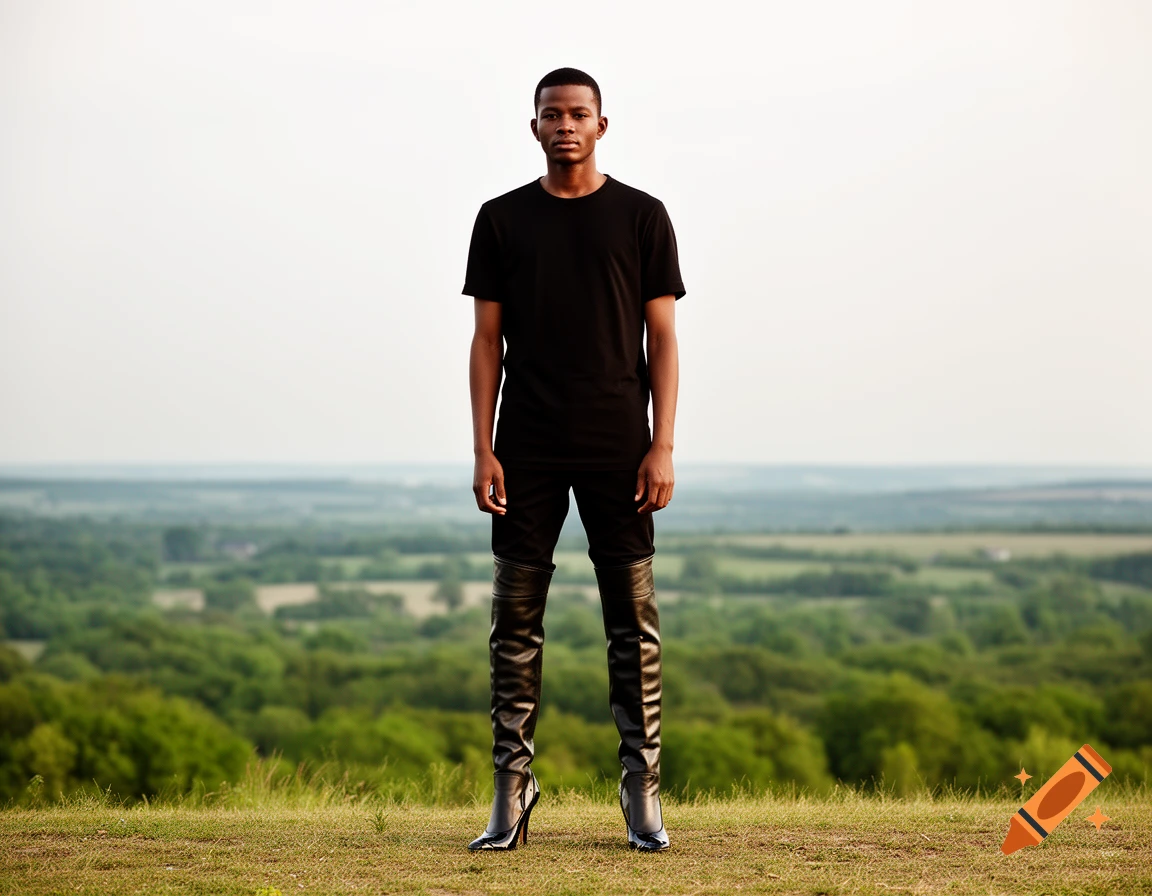 A man wearing a black t-shirt, black pants, and shiny black thigh-high heeled boots stands on a grassy hill overlooking a green landscape under a pale sky.