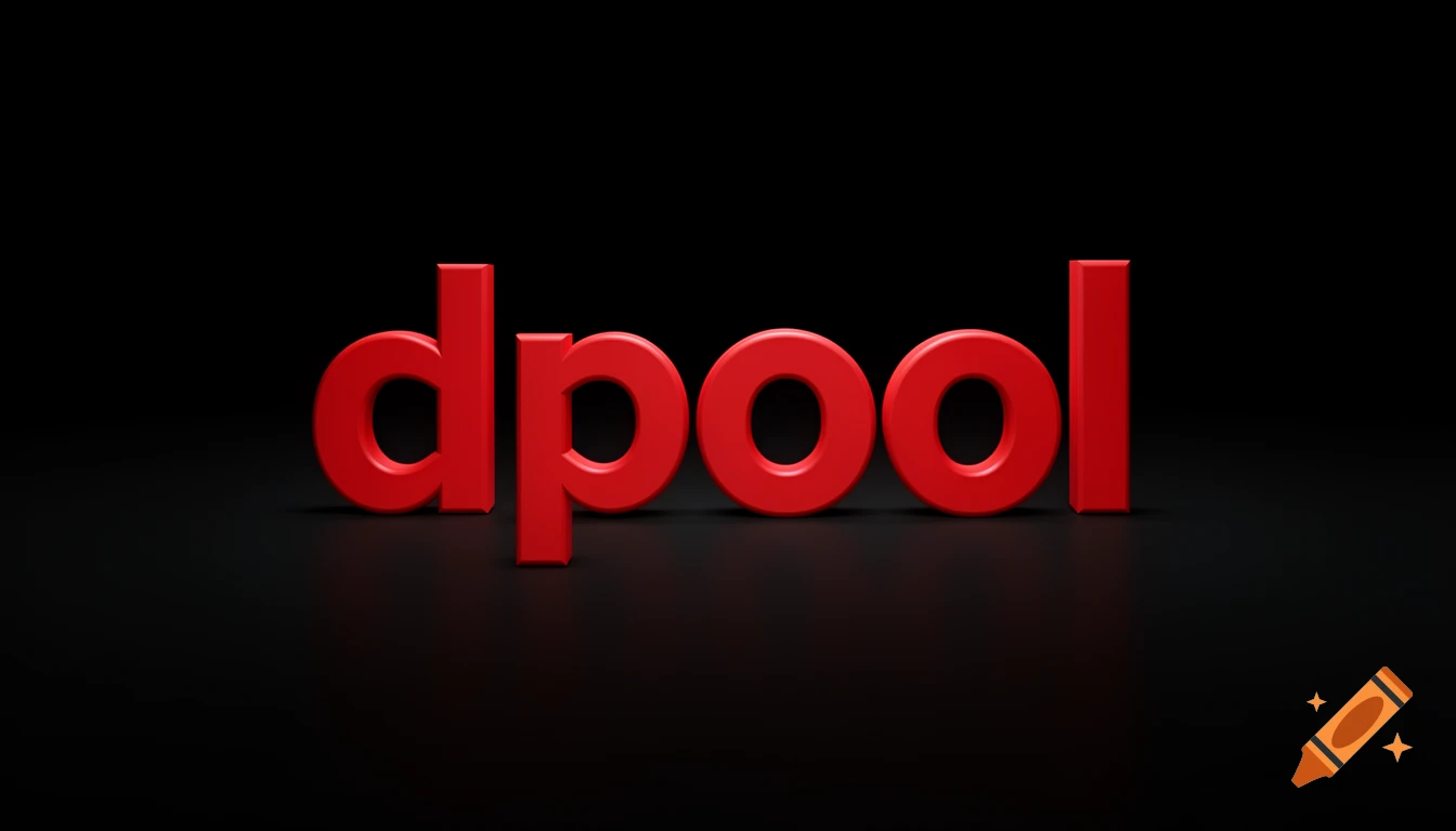 Red 3D block letters spelling "dpool" on a dark background with reflections.