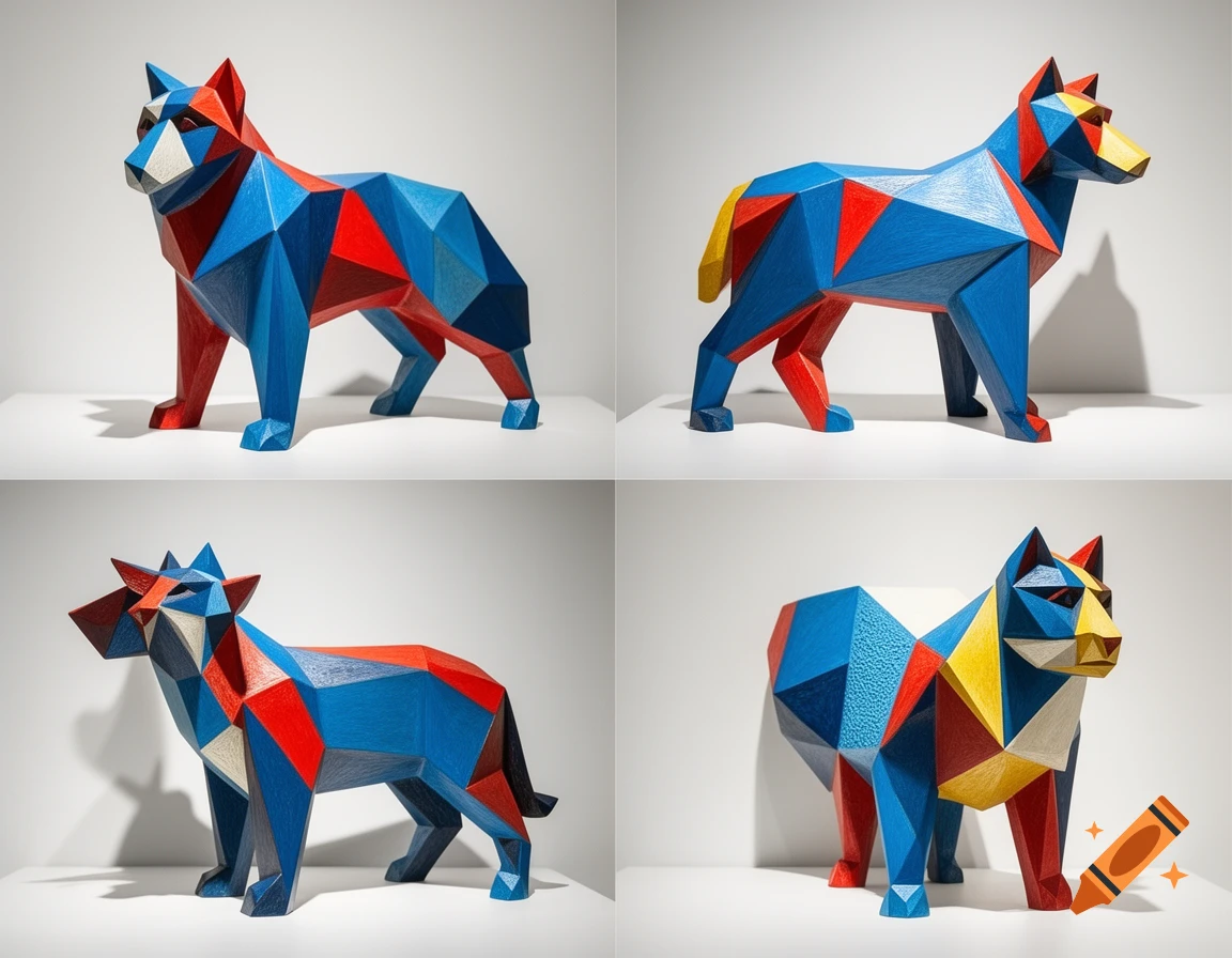 Four colorful geometric dog sculptures in red, blue, yellow, and white, inspired by cubist art.